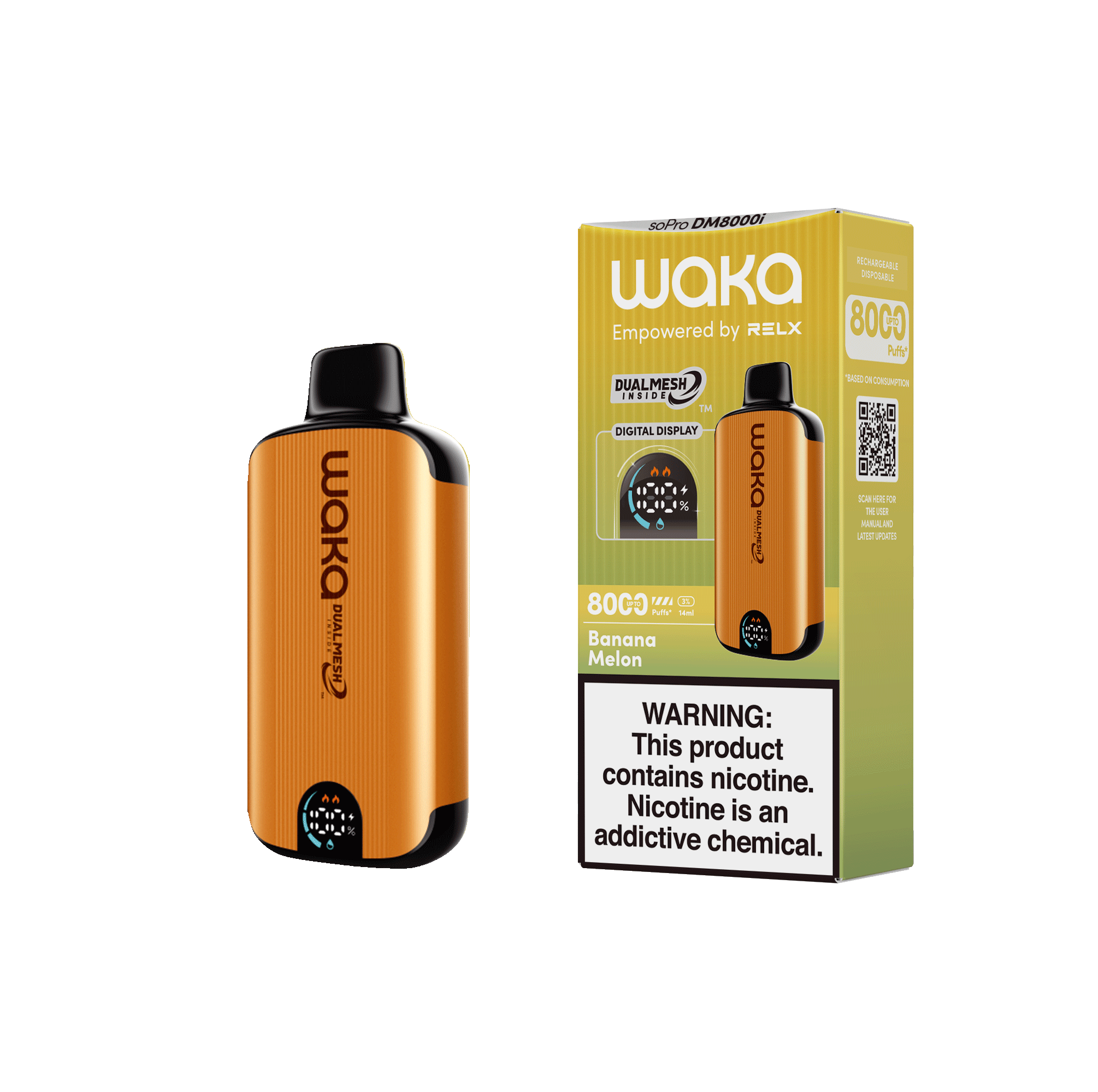 Shop RELX Japan Disposable Vape WAKA soPro DM8000i Banana Melon Price USD10.6 RELX 使い捨て電子タバコを購入する バナナメロン価格¥2980今すぐ注文
