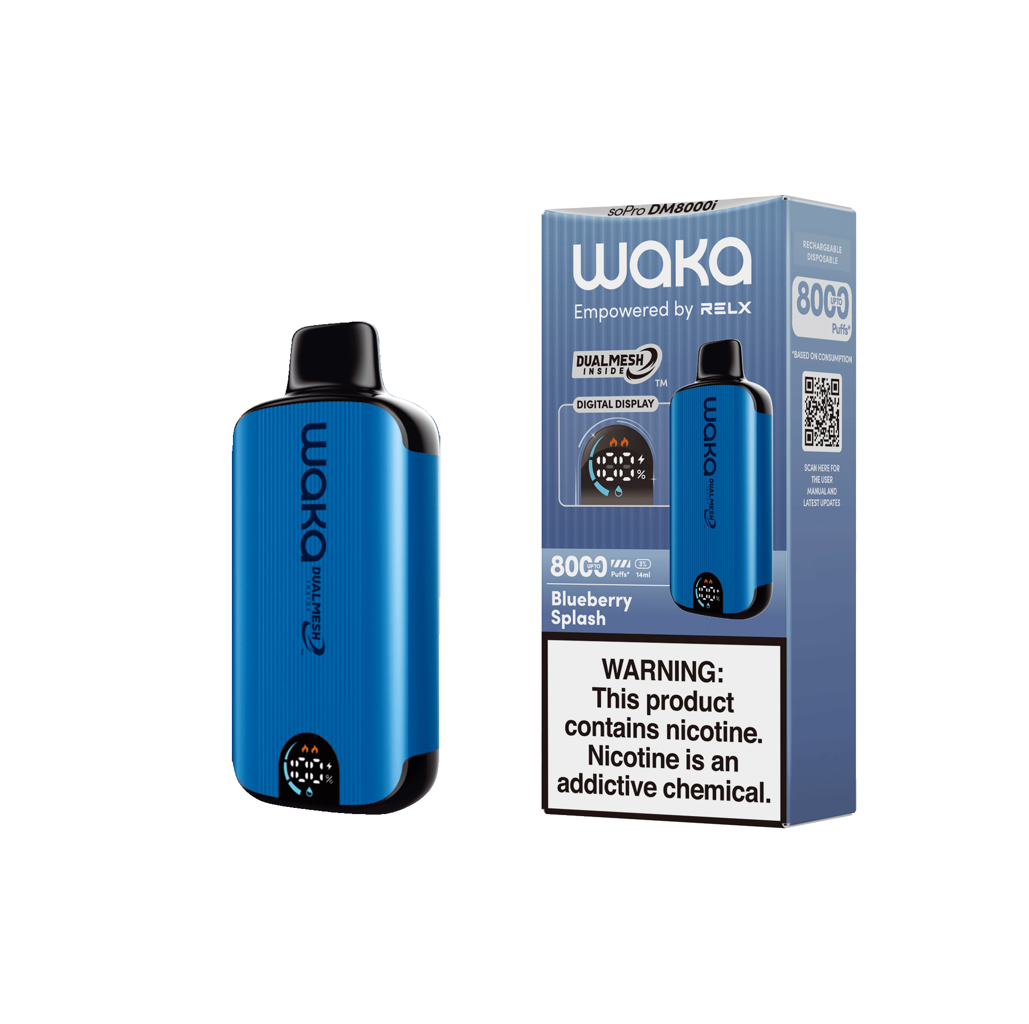 Shop RELX Japan Disposable Vape WAKA soPro DM8000i Blueberry Splash Price USD10.6 RELX 使い捨て電子タバコを購入する ブルーベリースプラッシュ価格¥2980今すぐ注文
