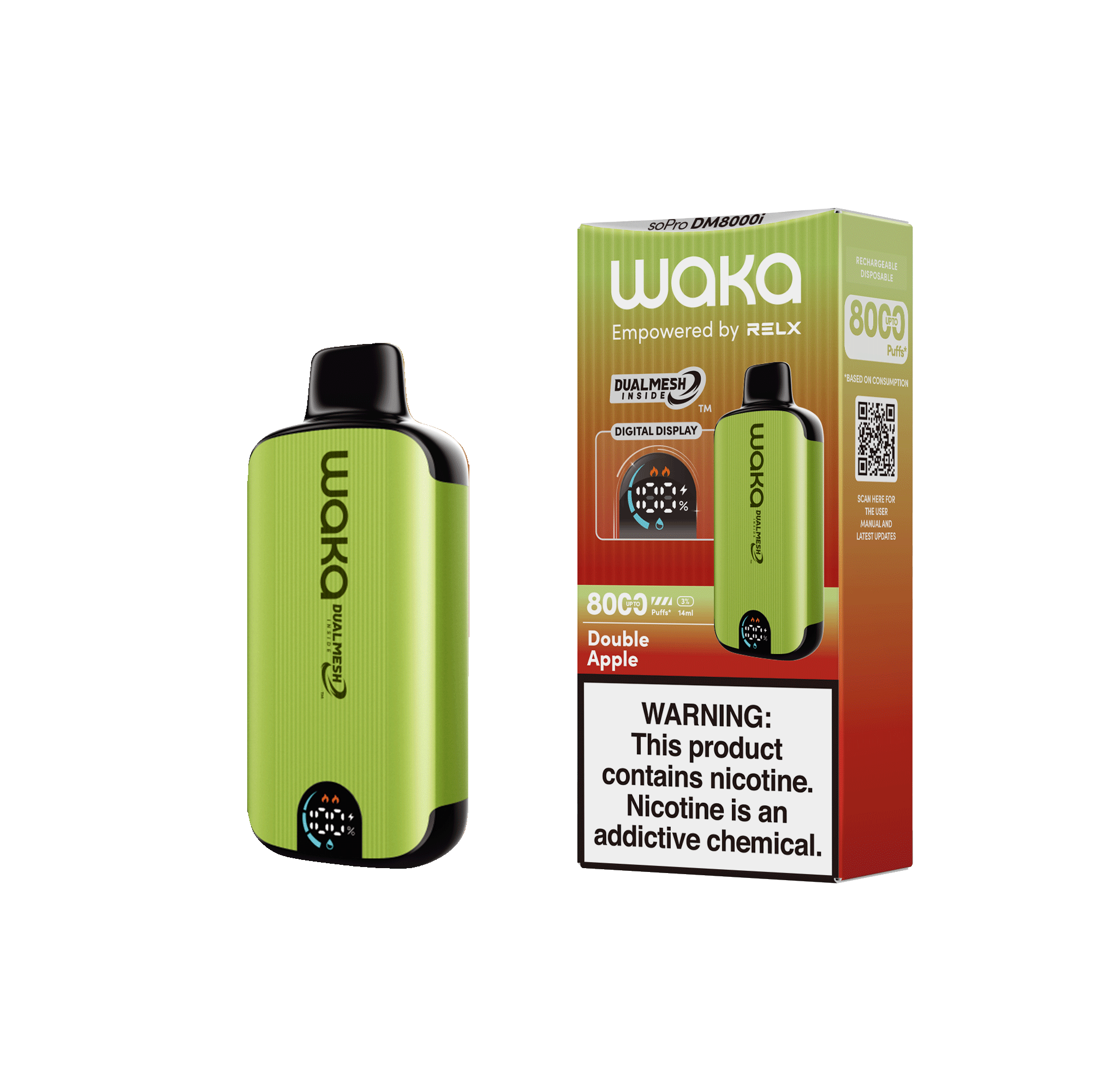 Shop RELX Japan Disposable Vape WAKA soPro DM8000i Double Apple Price USD10.6 RELX 使い捨て電子タバコを購入する ダブルアップル価格¥2980今すぐ注文
